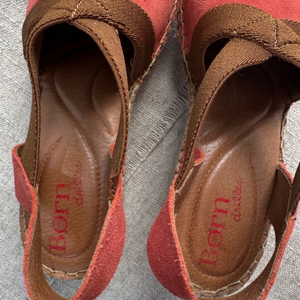 Born Drilles Burnt Orange Suede Espadrille Wedge Sandals Brown Elastic Straps 9 - Picture 3 of 11